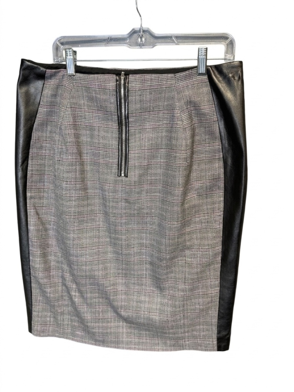 WHBM Plaid Faux Leather Trim Pencil Skirt 14 Grey Purple Office Career Chic